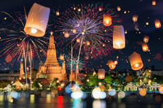 曼谷快乐新一年倒计时烟花和灯笼什么阿伦寺庙曼谷泰国寺庙黎明什么阿伦