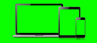 模型图像移动PC平板电脑和移动空白绿色屏幕垂直位置孤立的绿色背景概念设备模型概念设备模型
