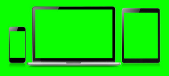 模型图像移动PC平板电脑和移动空白绿色屏幕垂直位置孤立的绿色背景概念设备模型概念设备模型