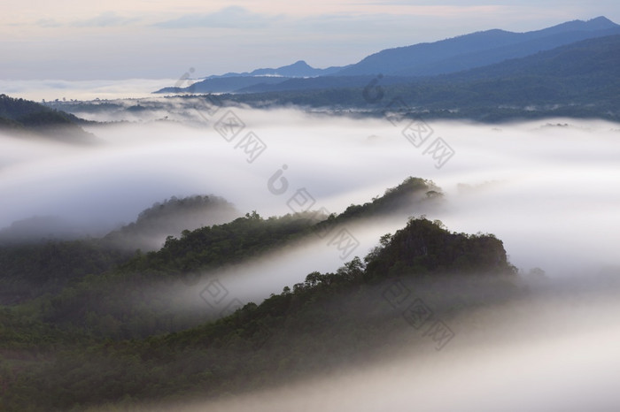 美丽的雾在绿色森林山空中视图日出在的山范围的北泰国美热带雨林景观与雾早....美丽的雾在绿色森林山