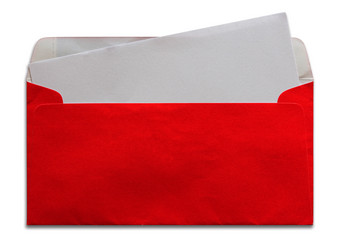 开放红色的信封与空白信孤立的白色背景