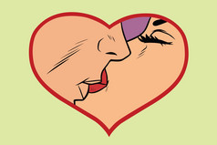 男人。和女人接吻爱心浪漫的夫妇漫画卡通古董流行艺术复古的向量插图男人。和女人接吻爱心