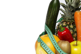 蔬菜和水果包装测量磁带白色背景适合<strong>健身</strong>健康苗条的饮食节食<strong>减肥</strong>