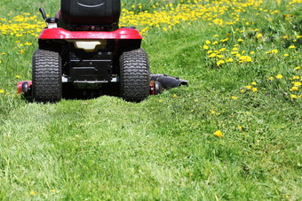 拖拉机草坪上割草机切割的草春天拖拉机草坪上割草机切割的草春天