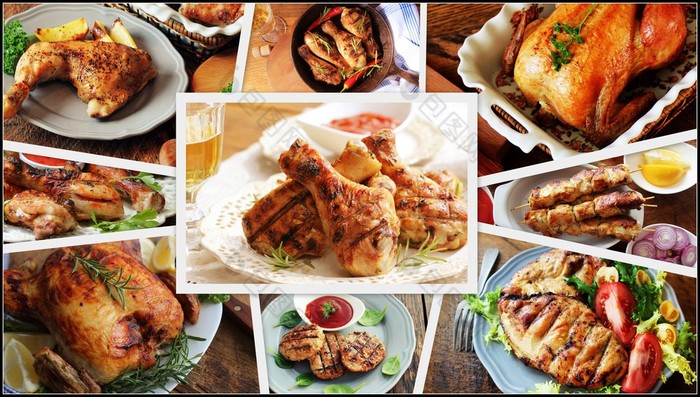 拼贴画鸡餐集从各种各样的类型餐厅菜单菜拼贴画鸡餐集从各种各样的类型餐厅菜单菜