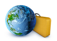 全球和黄色的手提箱白色背景渲染