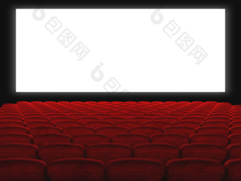 电影大厅与红色的座位和白色屏幕渲染