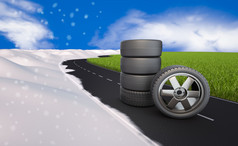 几个轮胎为轮子的路下一个的草和雪渲染