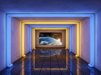 未来主义的走廊与视图的地球呈现元素这图像有家具的已<strong>开启</strong>