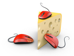 三个红色的电脑老鼠和一块奶酪渲染