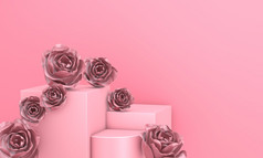 摘要粉红色的几何讲台上装饰与玫瑰花为模型渲染
