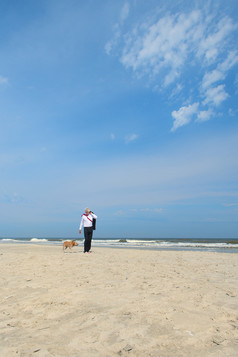 业务男人。正式的西装走他的狗的海滩