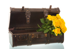 古董手提箱与黄色的玫瑰孤立的在白色背景