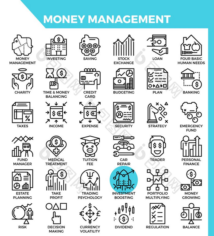 钱管理概念详细的行图标集现代行图标风格为网络应用程序设计