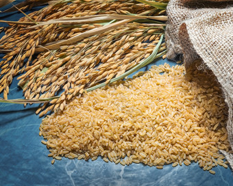 棕色（的）大米未煮过的袋与桩棕色（的）大米和斯派克大米表格背景