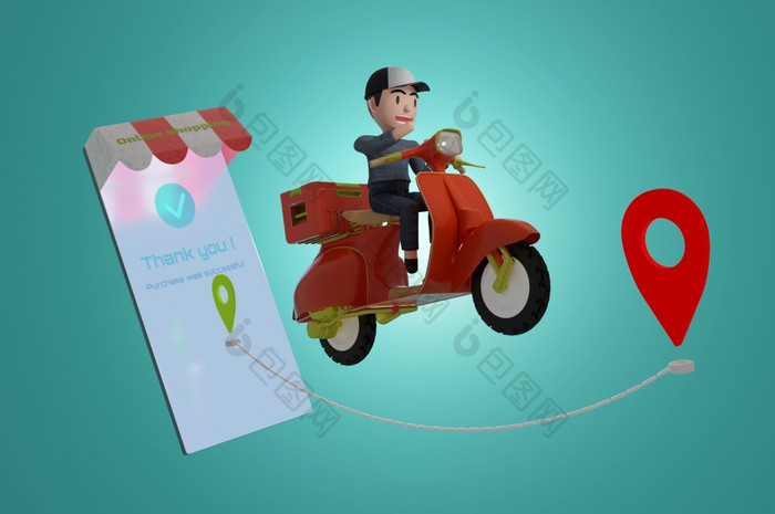 插图交付包踏板车移动电话和绿色背景订单包电子商务应用程序跟踪快递地图应用程序