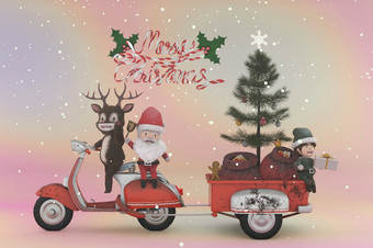 插图圣诞节出售促销活动模板概念购物在线圣诞老人老人和鹿古董踏板车复制空间为标志和文本