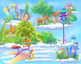 数字绘画插图仙女演讲世界与浮动岛屿的天空神奇的卡通风格艺术作品场景故事背景卡设计