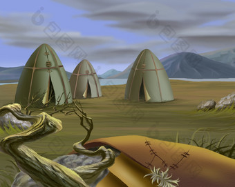 数字绘画插图传统的帐篷苔原蒙古包现实的卡通风格