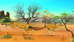 两个猎豹狩猎的非洲萨凡纳数字绘画卡通风格完整的颜色插图