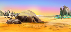非洲景观与大石头的背景黎明夏季数字绘画背景插图卡通风格字符