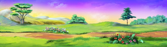 农村景观与路径对的紫罗兰色的天空夏季数字<strong>绘画背景</strong>插图<strong>卡通</strong>风格字符