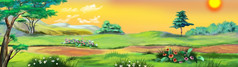 农村景观与路径对的黄色的天空夏季数字绘画背景插图卡通风格字符