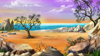 岩石海岸与孤独的树对的黎明天空夏天早....数字<strong>绘画背景</strong>插图<strong>卡通</strong>风格字符