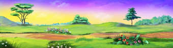 农村景观与路径和花对紫色的天空夏天一天数字<strong>绘画背景</strong>插图<strong>卡通</strong>风格字符