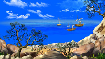 视图的湾与帆船海岸的海洋海岸沙漠岛夏天一天蓝色的天空孤独的树数字绘画背景插图卡通风格字符