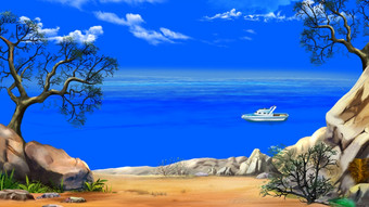 海视图从的悬崖与现代游艇夏天一天对的深蓝色的天空数字绘画背景插图卡通风格字符