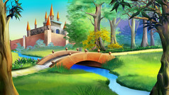 景观与仙女演讲城堡森林和小桥在的蓝色的河数字绘画背景插图卡通风格字符