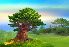 孤独的大橡木山孤独的橡木树草地阳光明媚的一天数字绘画背景插图卡通风格字符