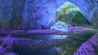 外星全景视图内部神秘的洞穴达维塔什卡洞穴保加利亚神秘的洞穴明亮的神奇的颜色