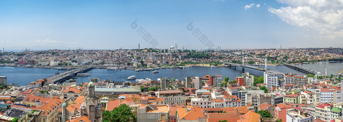 istambul火鸡大全景前视图埃米诺努区伊斯坦布尔与加拉塔和阿塔土尔克桥梁夏天一天前全景视图伊斯坦布尔城市火鸡