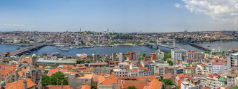 istambul火鸡<strong>大全</strong>景前视图埃米诺努区伊斯坦布尔与加拉塔和阿塔土尔克桥梁夏天一天前全景视图伊斯坦布尔城市火鸡