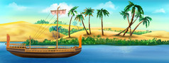 古老的纸莎草纸船的银行的尼罗河河埃及阳光明媚的夏天一天数字绘画插图古老的纸莎草纸船的银行的尼罗河河埃及