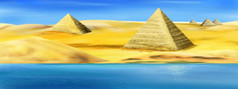 古老的金字塔的银行的尼罗河河埃及阳光明媚的夏天一天数字绘画插图金字塔的银行的尼罗河河埃及