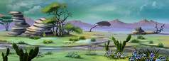 非洲萨凡纳野生动物后热带暴雨数字绘画背景插图多雨的一天的非洲萨凡纳