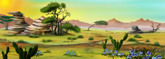 沙漠景观的非洲萨凡纳的早期早....数字绘画背景插图早期早....的非洲萨凡纳