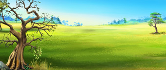 大树的背景的草原景观数字绘画背景插图大树的背景的草原景观