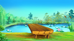 木桥附近的池塘阳光明媚的一天数字绘画背景插图木桥附近的池塘阳光明媚的一天