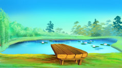 木桥附近的池塘阳光明媚的一天数字绘画背景插图木桥附近的池塘阳光明媚的一天