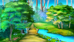 小木桥在森林流数字绘画背景插图小木桥在森林流