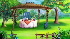 早餐舒适的露台的花园阳光明媚的早....数字绘画背景插图令人难以置信的露台果园