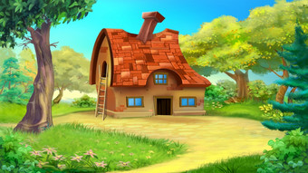 童话国家房子与路径和树夏天一天数字绘画背景插图仙女演讲卡通花园房子