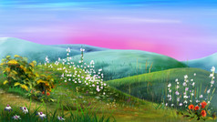丘陵景观与野生花黎明数字绘画背景插图丘陵景观与野花黎明