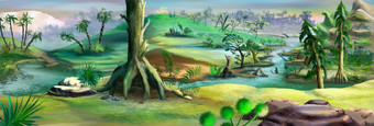 原始森林的中生代时代数字绘画背景插图热带森林的中生代时代