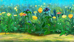 色彩斑斓的野生花的草数字绘画背景插图色彩斑斓的野生花的草