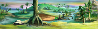 原始森林的中生代时代数字绘画背景插图热带森林的中生代时代
